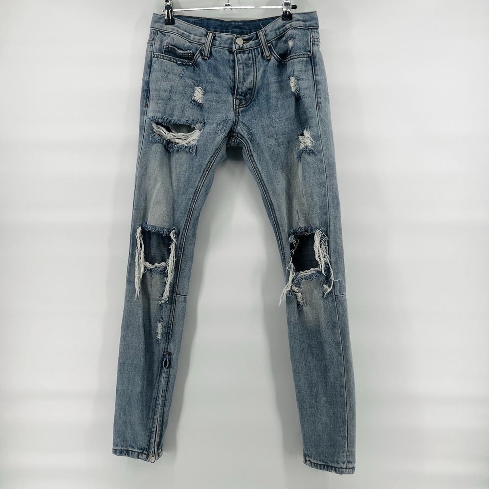 MNML Jeans Men's 28 Distressed Light Wash Ripped Denim Straight Button Fly